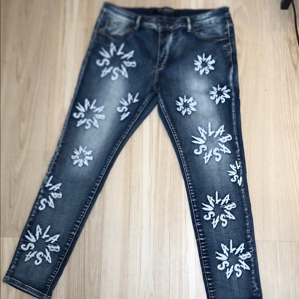 Valabasas Art Flower Circle Men’s Denim Stacked Jeans Blue Jeans - Size 36 - Picture 7 of 8